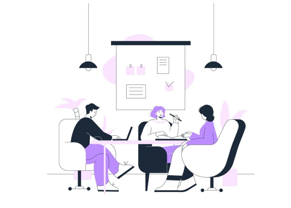 Illustration of three professionals collaborating in a modern office setting