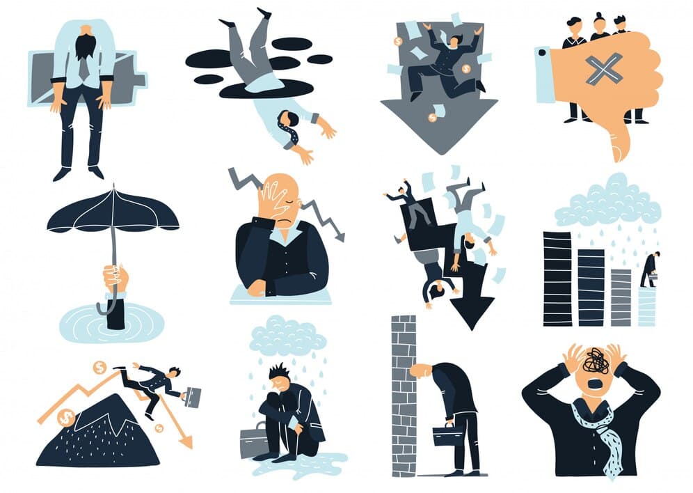 A collage of illustrations depicting various business challenges and failures