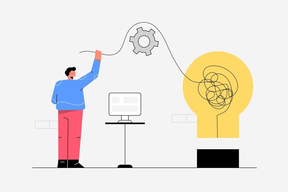 A person connects a gear to a tangled line leading to a lightbulb symbolizing idea development